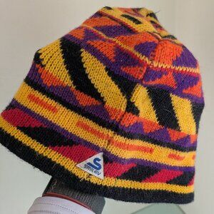 Smiley Wool Hat – Made in USA, Color Pattern Design, Used Good Condition